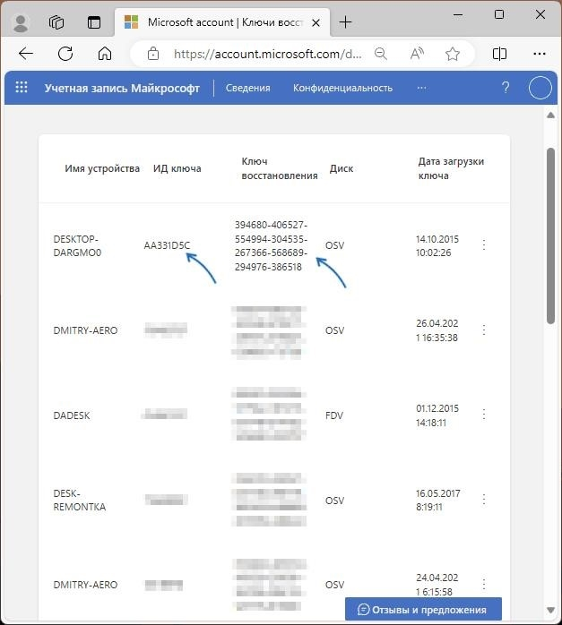 Ключ восстановления BitLocker в учетной записи Microsoft.