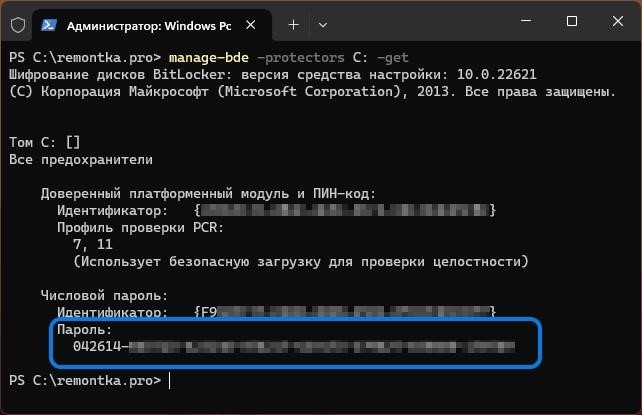 Загрузка ключа восстановления в командную строку